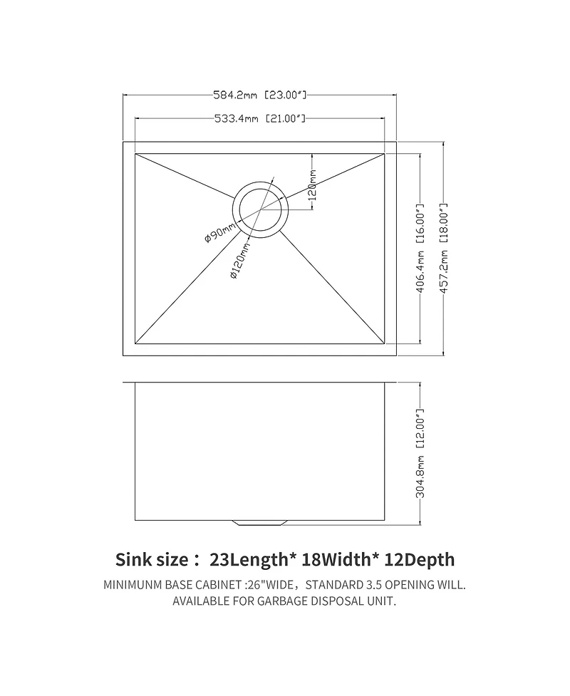 Flynama 23x18x12inch Laundry Sink Undermount Utility Tub Stainless Steel Deep Single Bowl 16 Gauge