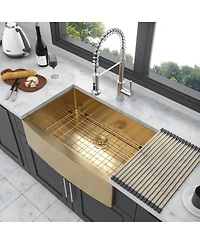 36x21x10 Inch Gold Farmhouse Apron Front Kitchen Sink 16 Gauge T304 Stainless Steel With Dish Grid Drain Assembly Drying Rack