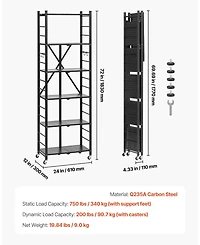 Mecale 6-Tier Foldable Storage Shelf, No-Assembly Metal Rack w/ Wheels & Hooks