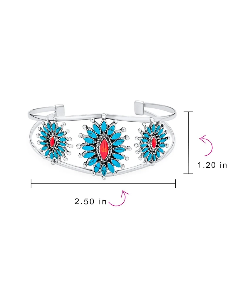 Bling Jewelry Western Navajo Style Red Blue Turquoise Conoch Flower Blossom Wide Cuff Bracelet .925 Sterling Silver