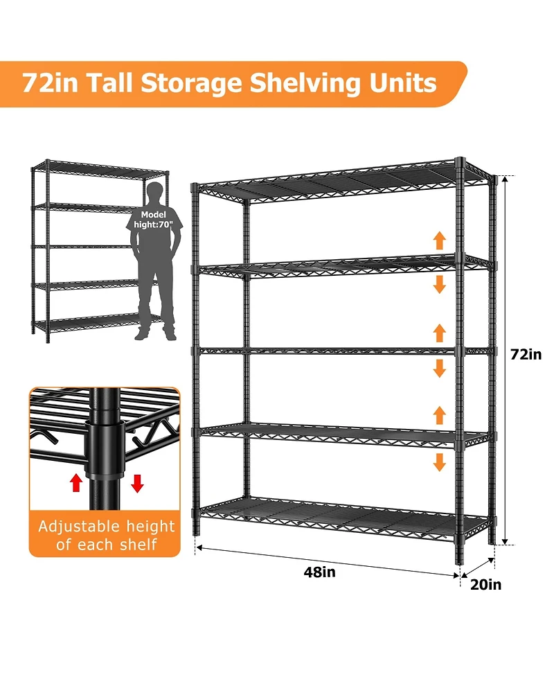 Lovmor 5-Tier in W x 72 in H x 20 in D Height Adjustable Garage Wire Shelving Unit