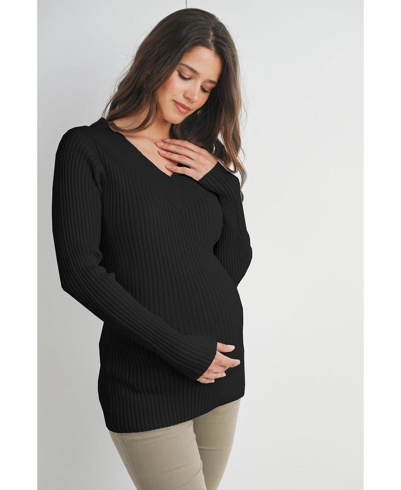 Hello Miz Maternity Ribbed Knit V Neck Long Sleeve Sweater