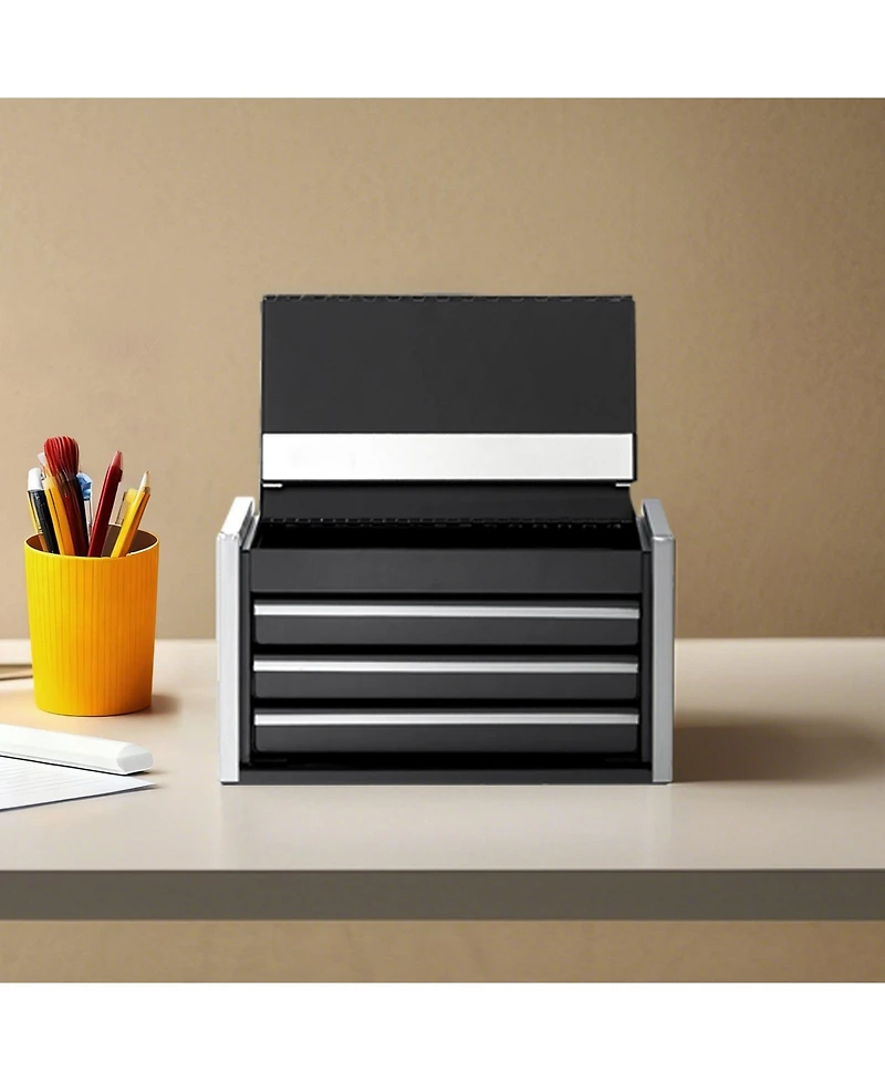 Metal Tool Box, 8.6", 3-Drawer Portable Tool Chest, Eva Liners, Pp Feet, Ball-Bearing Slides, Black