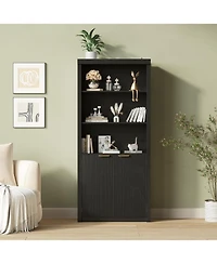 gaomon 71″ Tall Bookshelf with Fluted Doors (5 tier, adjustable shelf, mid century modern style)