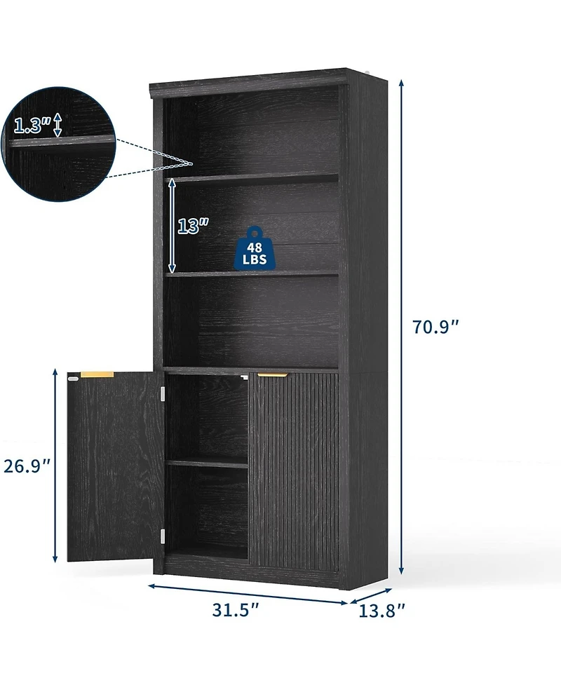 gaomon 71″ Tall Bookshelf with Fluted Doors (5 tier, adjustable shelf, mid century modern style)