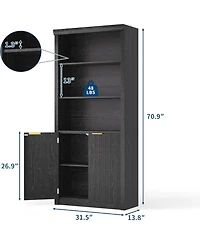 gaomon 71″ Tall Bookshelf with Fluted Doors (5 tier, adjustable shelf, mid century modern style)