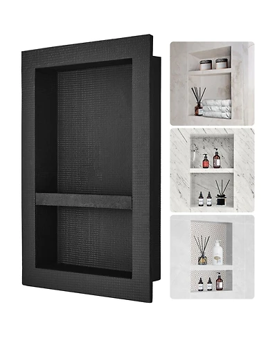 Volenca Shower Niche, Ready for Tile, 16" x 24", Double Shelf, Recessed Wall Insert, Sealed Waterproof, Square Corners, Black