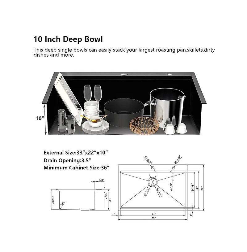 flynama 33x22x10 Inch Drop In Workstation Kitchen Sink R10 Radius SUS304 Stainless Steel Single Bowl With 5 Accessories Integrated Ledge
