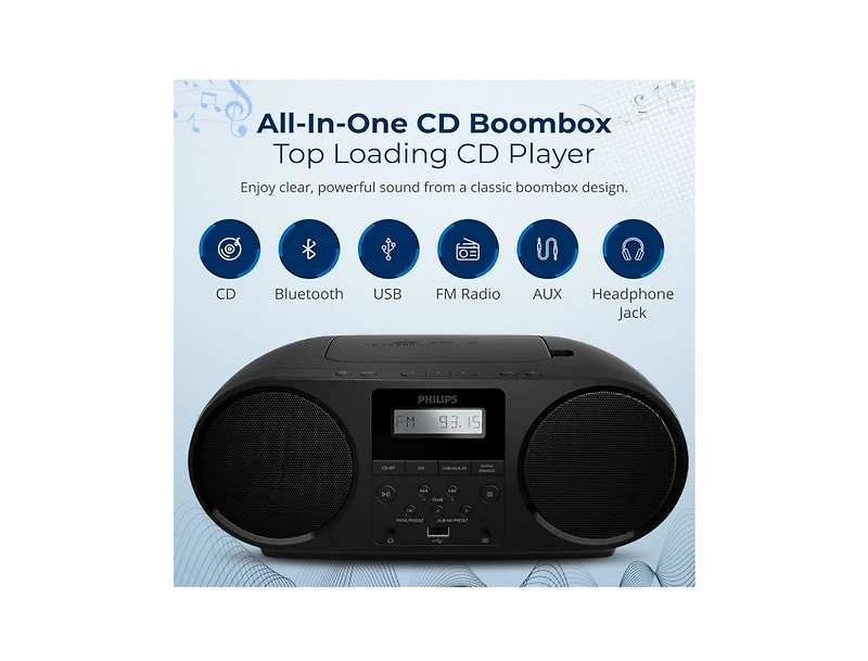 Philips Portable Cd Player Boombox with Bluetooth, Dual Speakers, Dynamic Bass Boost, Fm Radio, Usb & Aux Input, Headphone Jack, Cd-r/Cd-rw/MP3 Player