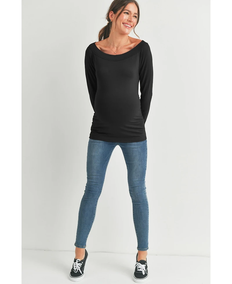 Hello Miz Maternity Ruched Long Sleeve Boat Neck Top