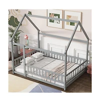 Cesicia Full House Floor Bed with Roof Frame & Safety Guardrails Wooden Play for Kids and Teens