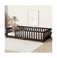 Cesicia Twin Floor Bed with Safety Fence Rubber Wood Kids for Toddler Room & Play Space