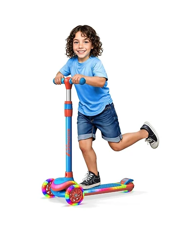 Lifemaster 3-Wheel Kids Scooter, Blue Red, with multi-color Led lights, 5-height adjustable handlebar, wide anti-slip deck, safety certified.