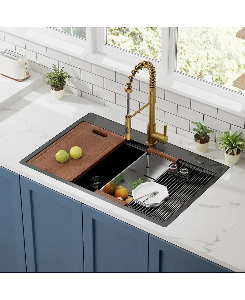 flynama 33inch Gunmetal Black Topmount Workstation Kitchen Sink 16 Gauge Stainless Steel Double Bowl