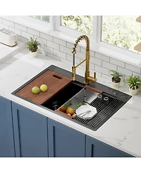 flynama 33inch Gunmetal Black Topmount Workstation Kitchen Sink 16 Gauge Stainless Steel Double Bowl