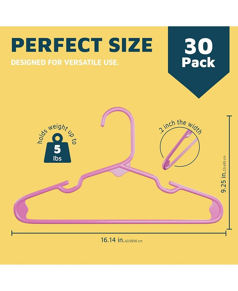 Lifemaster Kids Plastic Hangers, Pink, 11.6", with shoulder notches, space-saving, hold 5 lbs, ideal for baby, toddler & kids clothes, 30-pack.