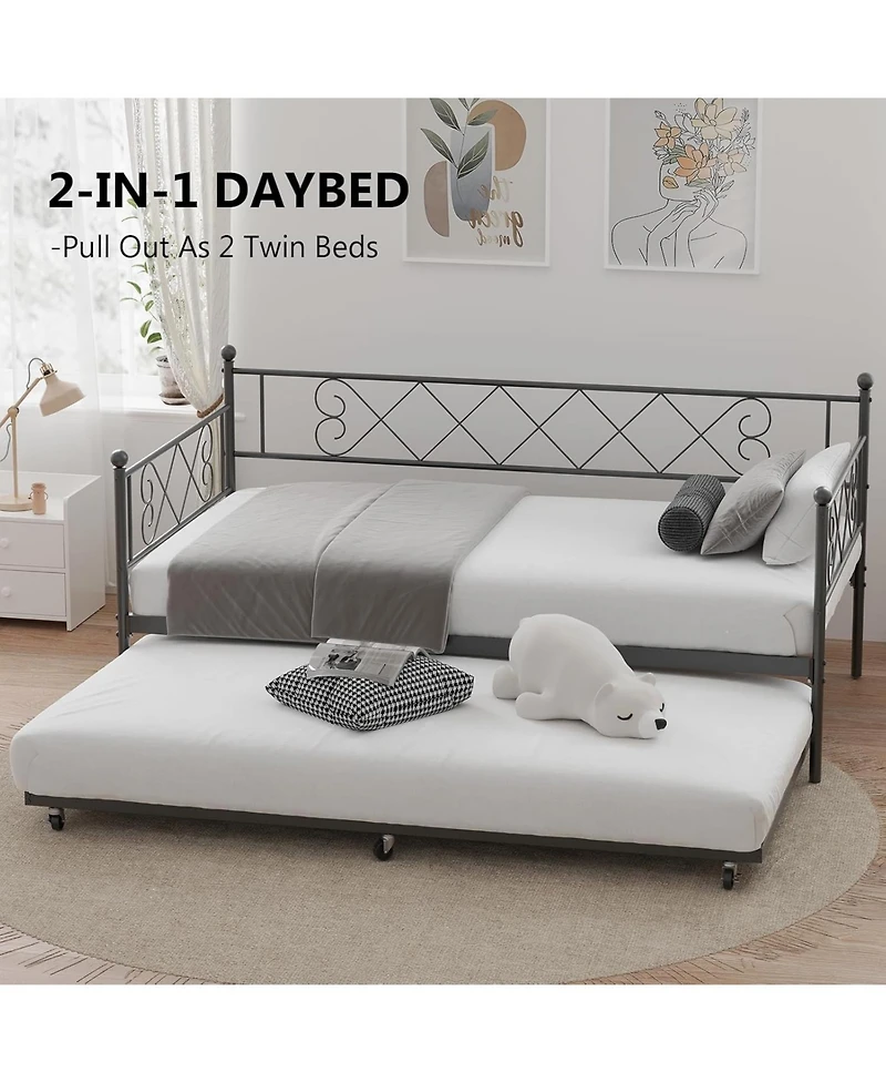 Gaomon Twin Metal Daybed with Trundle, Heart-Shaped Headboard, Upholstered Design, Space-Saving Sofa Bed
