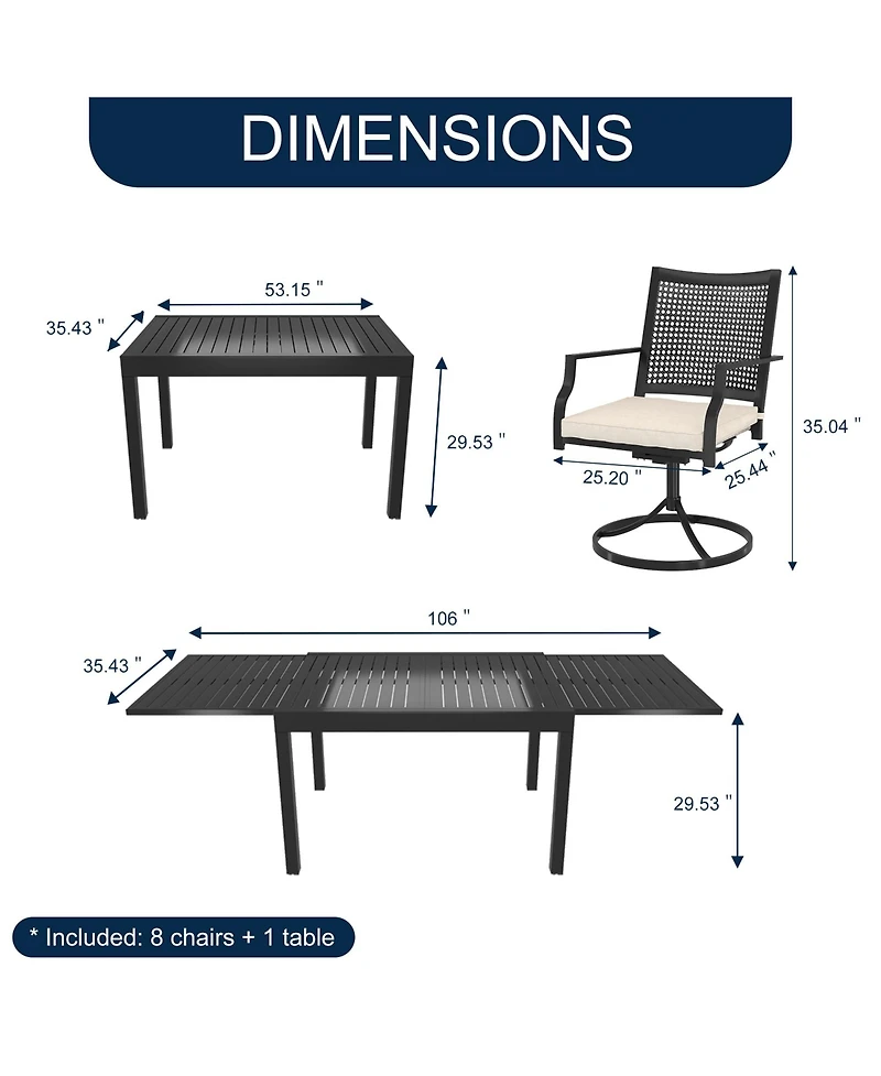 Boyel Living 9-Piece Outdoor Dining Set Aluminum Extendable Table 53"- 106" with Swivel Dining Chair Outdoor Swivel Chairs
