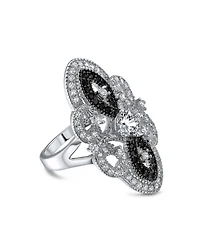 Bling Jewelry Art Deco Black White Cz Filigree Statement Full Finger Ring Silver Plated