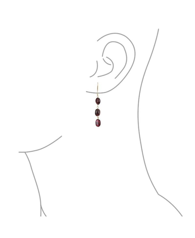 Bling Jewelry Long Linear Yellow 14K Gold Three Oval Natural Garnet Turquoise Tanzanite Dangling Earrings Fish Hook