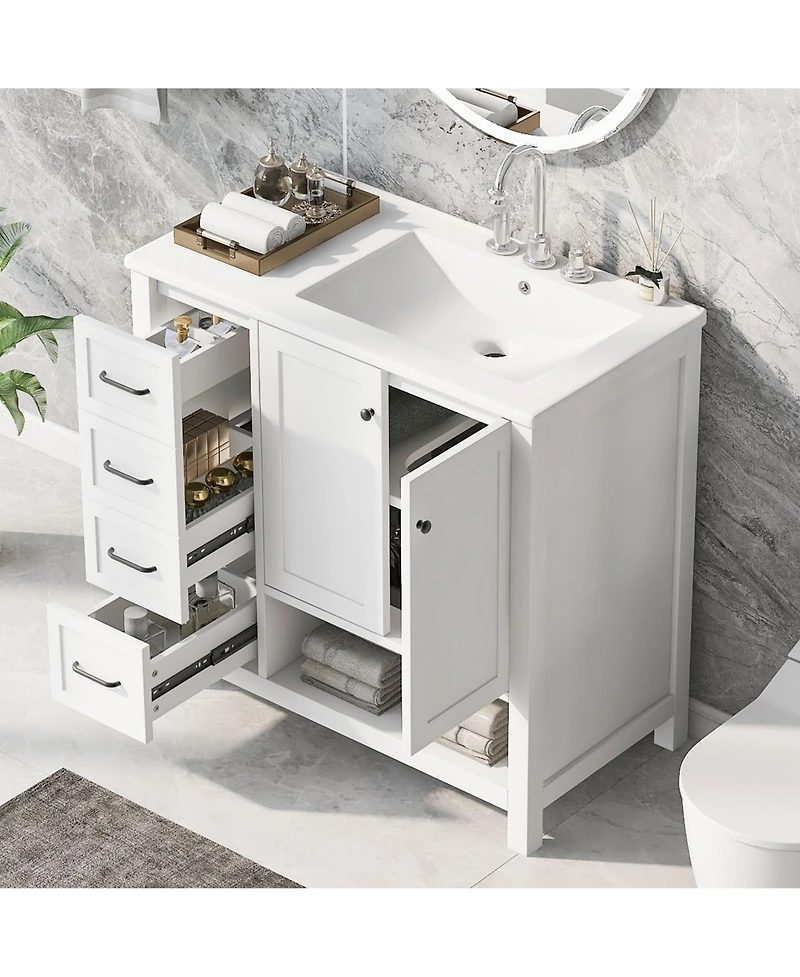 Cesicia Solid Wood 36 in. Bathroom Vanity Cabinet with Sink Top, Two Doors and Two Drawers, Open shelf