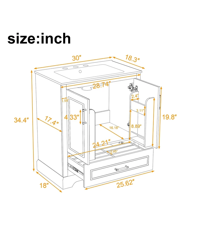 Cesicia Freestanding 30 in. Bathroom Vanity with Sink, Mdf and Solid Wood Frame, 1 Divider Drawer and 2 Soft-close Doors (Double Shelf on Door)