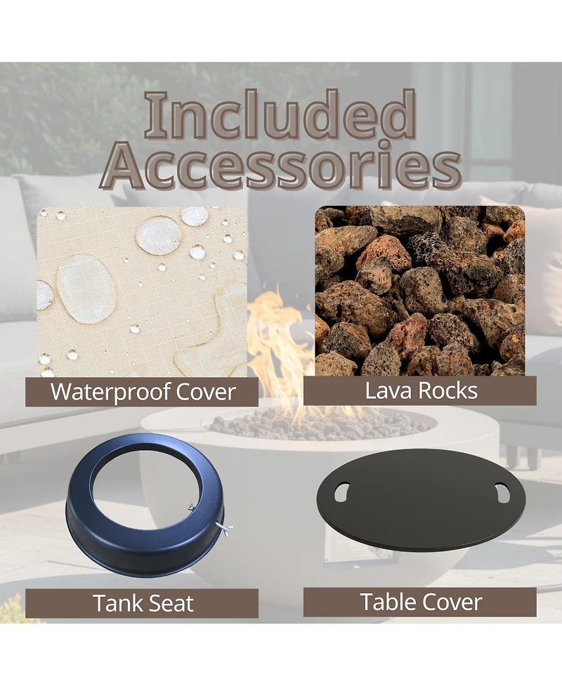 Mondawe 28" Round Propane Fire Pit Table, 40,000 Btu Concrete Fire Bowl with Cover & Lava Rocks