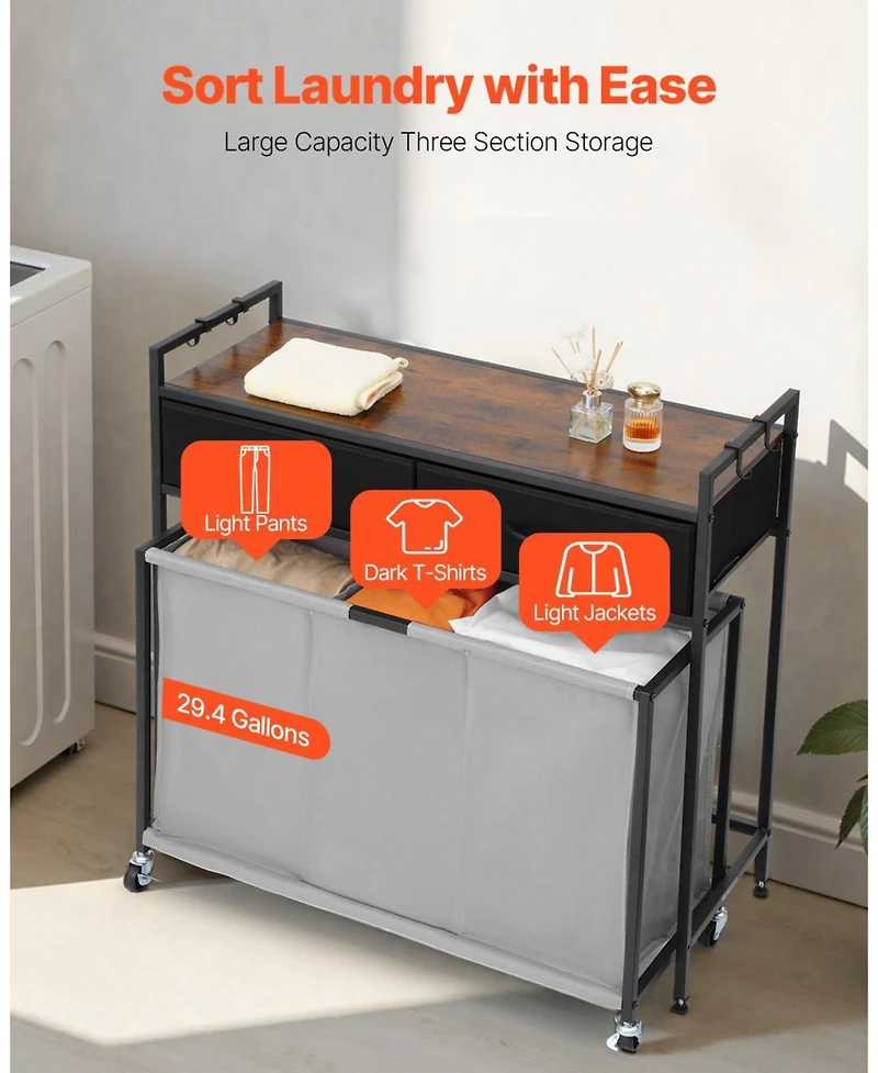 Ecooso 3-Section Laundry Sorter, Rolling Hamper with Wood Top, 2 Drawers, Hooks & Wheels, Pull-Out Bags, Bathroom Organizer