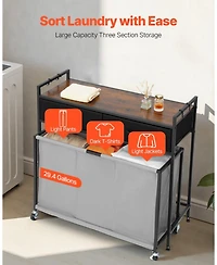 Ecooso 3-Section Laundry Sorter, Rolling Hamper with Wood Top, 2 Drawers, Hooks & Wheels, Pull-Out Bags, Bathroom Organizer