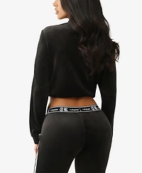 True Religion Women's Cropped Velour Track Zip Up Hoodie