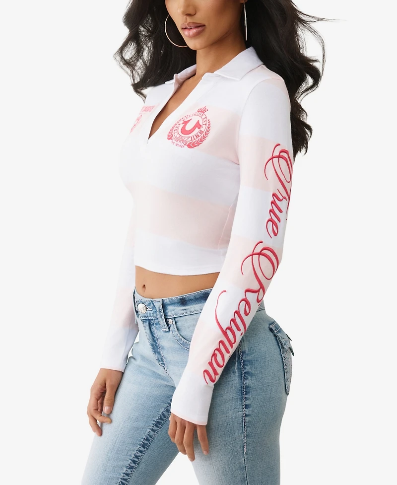 True Religion Women's Long Sleeve Embroidered Baby Polo Top