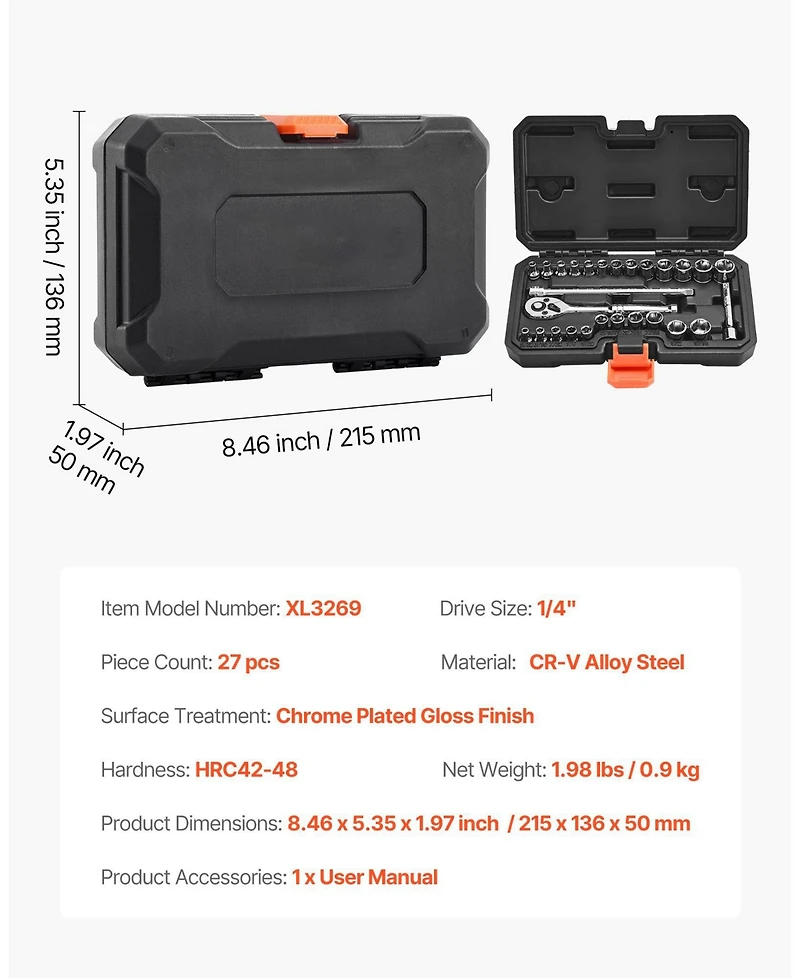 Mecale 27-Pc 1/4" Socket & Ratchet Set, Sae/Metric, Cr-v Steel, Case Included.