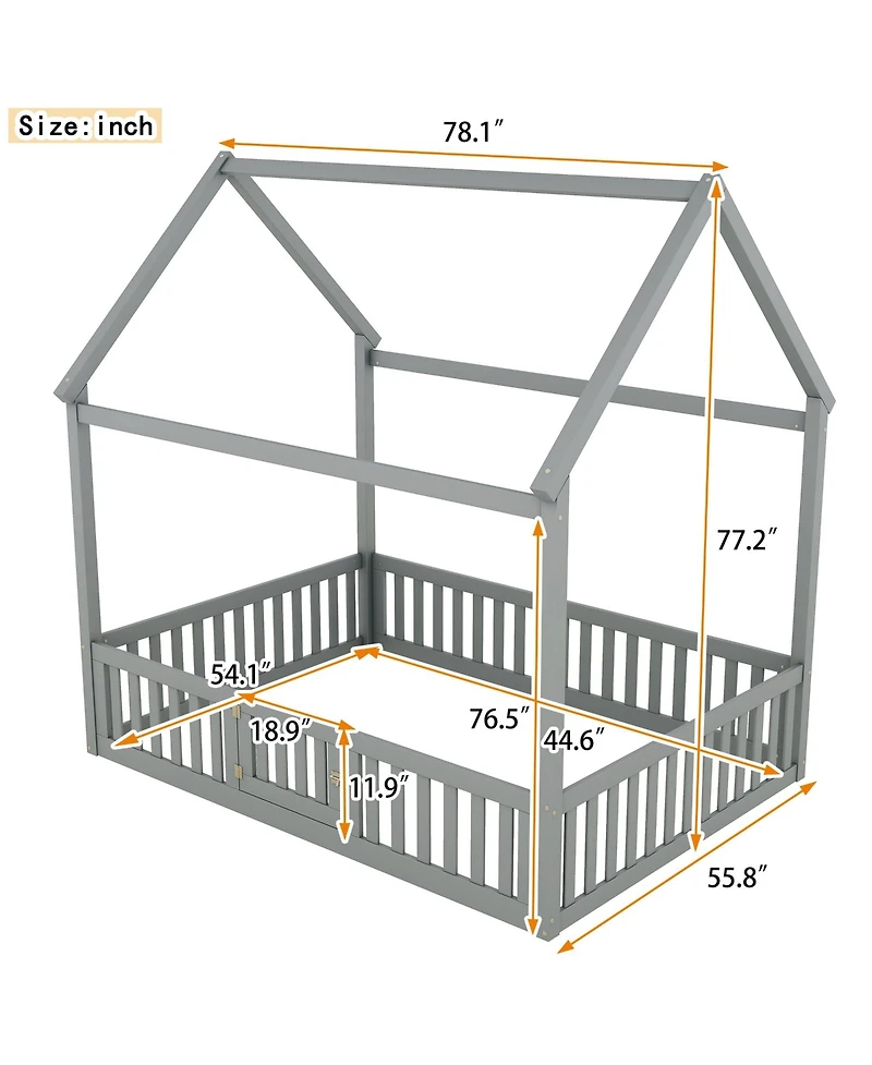 Boyel Living Full Size Wood House Bed with Fence and Door
