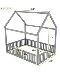 Boyel Living Full Size Wood House Bed with Fence and Door