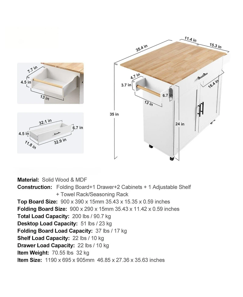 Volenca Kitchen Island Cart with Solid Wood Top, 35.4" Wide, Storage Cabinet, Drop Leaf, Drawer, Spice Rack, Towel Rack, Rolling, White