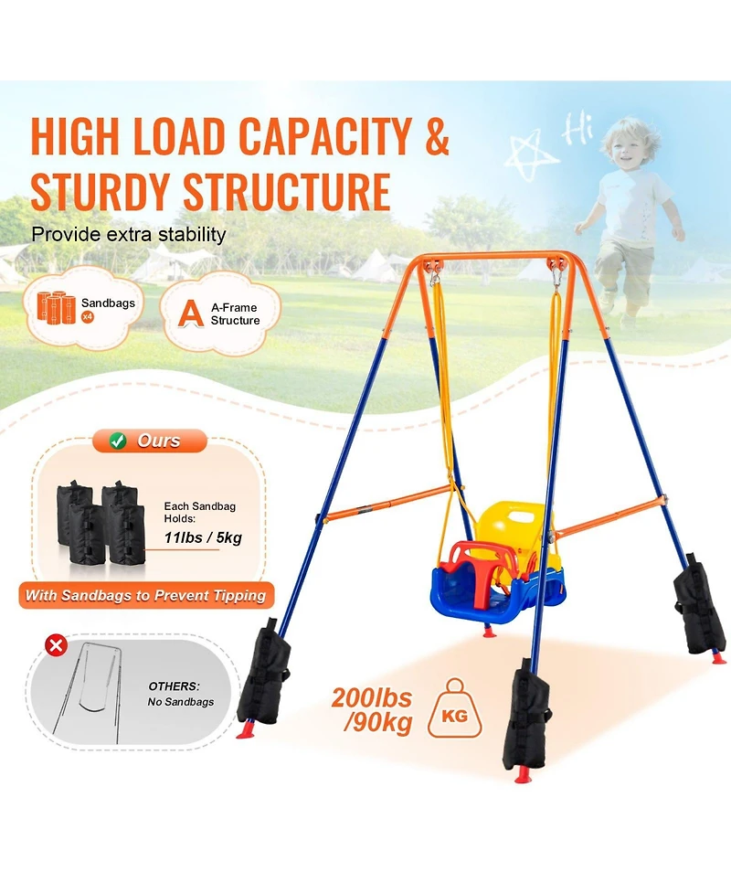 Mecale 3-in-1 Toddler Swing Set with 4 Sandbags, Foldable Metal Stand, Easy to Assemble, Indoor and Outdoor Swing Set for Kids