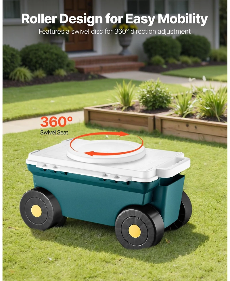 Mecale 2-in-1 Garden Scooter with Seat, Rolling Cart with Storage Bin, 227 lb Capacity, Lightweight Gardening Stool with Handle