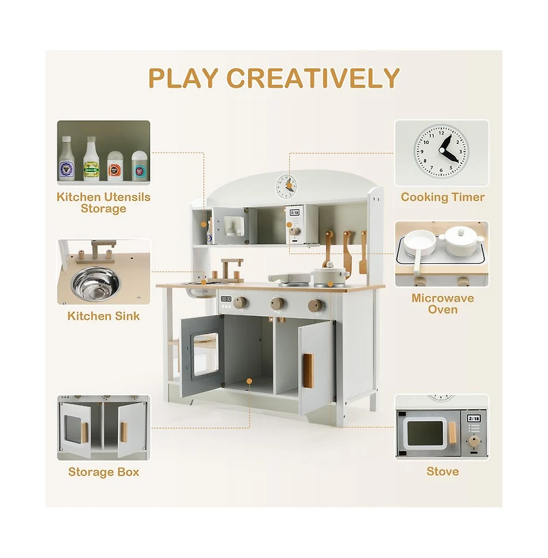 Bruce & Shark Wooden Kids Play Kitchen Set with Microwave, Sink & Storage, Gift for Boys and Girls