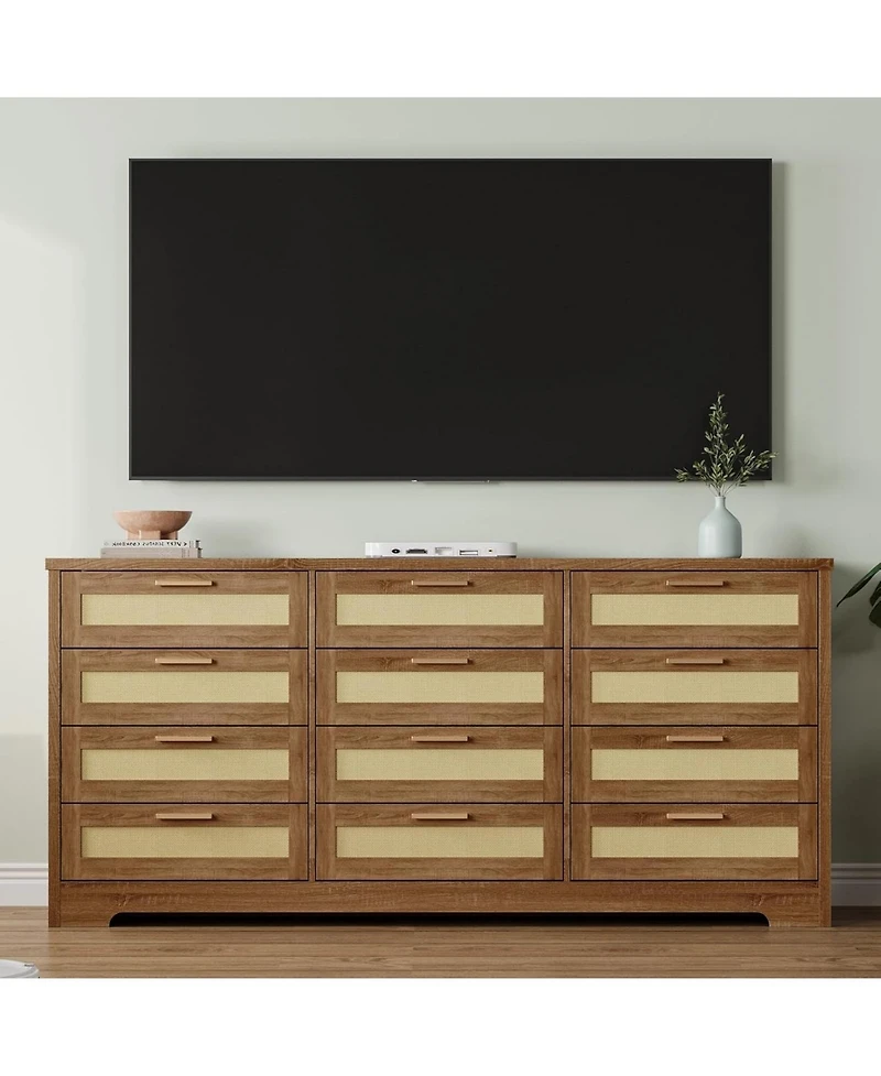 gaomon 12 Drawer Dresser for Bedroom, Modern Farmhouse Rattan Chest of Drawers, Wood Closet, Living Room, Entryway, and Hallway