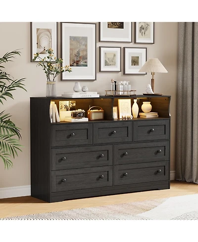 gaomon 7 Drawer Dresser for Bedroom with Led Lights, Wooden Chest of Drawers with 2 Open Compartments and Charging Station