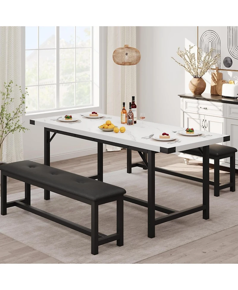 gaomon 3-Piece Extendable Dining Table Set for 4-6, Marble White Table with 2 Upholstered Benches, Space-Saving Kitchen & Dining Room Set