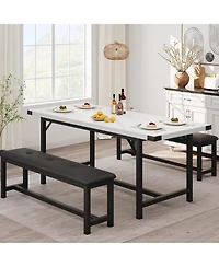 gaomon 3-Piece Extendable Dining Table Set for 4-6, Marble White Table with 2 Upholstered Benches, Space-Saving Kitchen & Dining Room Set