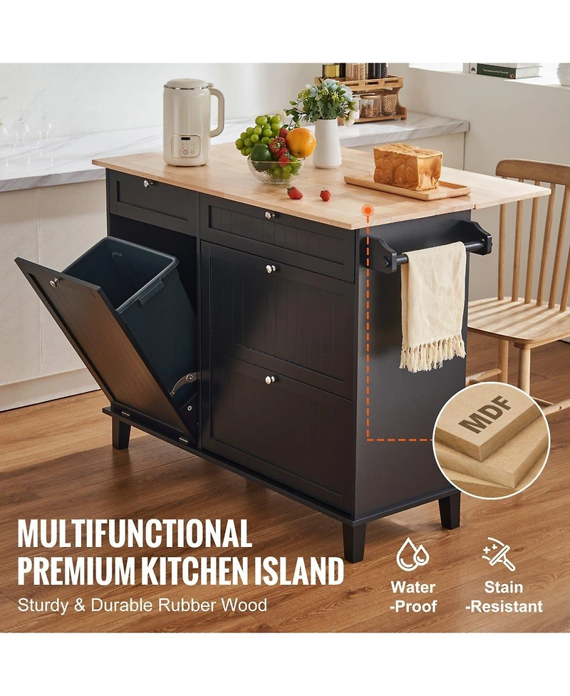 Volenca 50" Kitchen Island Cart with Wood Top, Tilt-Out Trash Cabinet for 10-Gallon Storage, Drop Leaf, Drawer, Towel Bar, Black