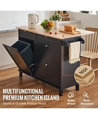 Volenca 50" Kitchen Island Cart with Wood Top, Tilt-Out Trash Cabinet for 10-Gallon Storage, Drop Leaf, Drawer, Towel Bar, Black