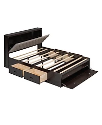 Wood Queen Platform Bed with Storage Headboard, shoe rack and 4 drawers