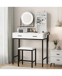 gaomon Vanity Desk with Rotating Mirror & Adjustable Light, Makeup Dressing Table Power Outlet, 2 Drawers Shelves, Includes Stool for Bedroom