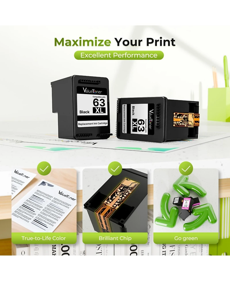 Valuetoner Remanufactured Ink Cartridge Replacement for Hp 63 Xl 63XL High Yield for Envy 4520 4512 Officejet 3830 4650 4655 Deskjet 1112 (2 Black)