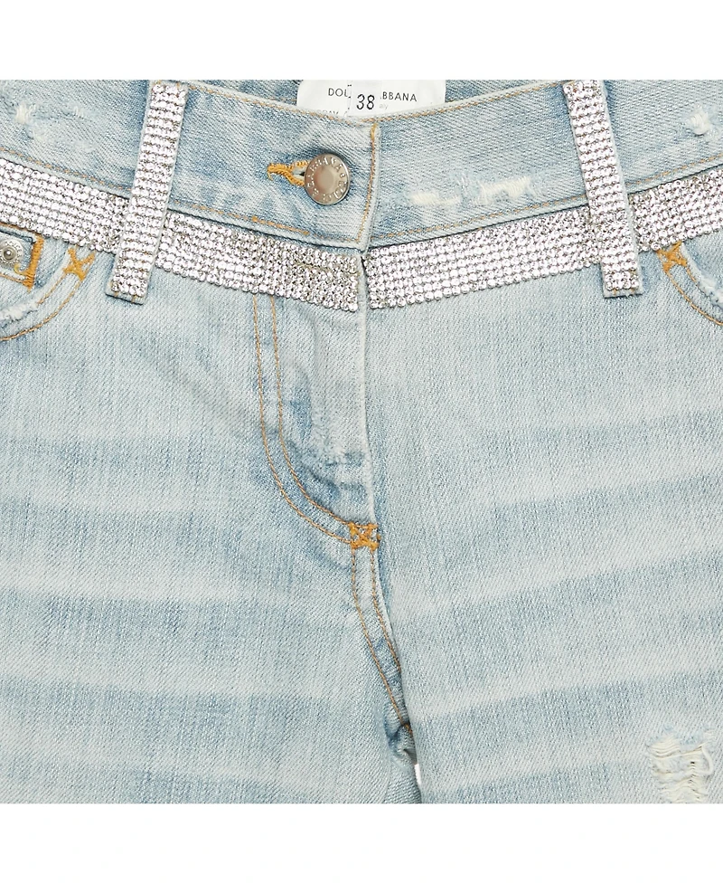 Pre-Owned Dolce & Gabbana Women's Blue Distressed Denim Rhinestone Detail Crop Jeans