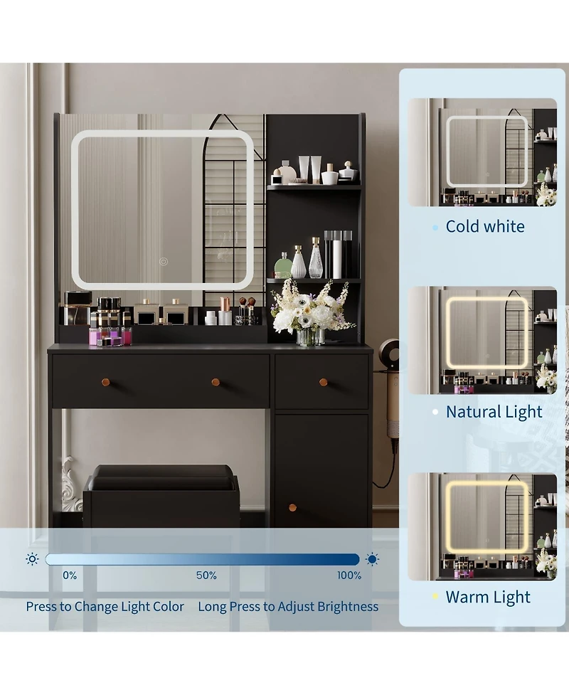 gaomon Makeup Vanity Desk with Led Mirror & Power Outlet,Vanity Set Storage Drawers,Shelves Stool