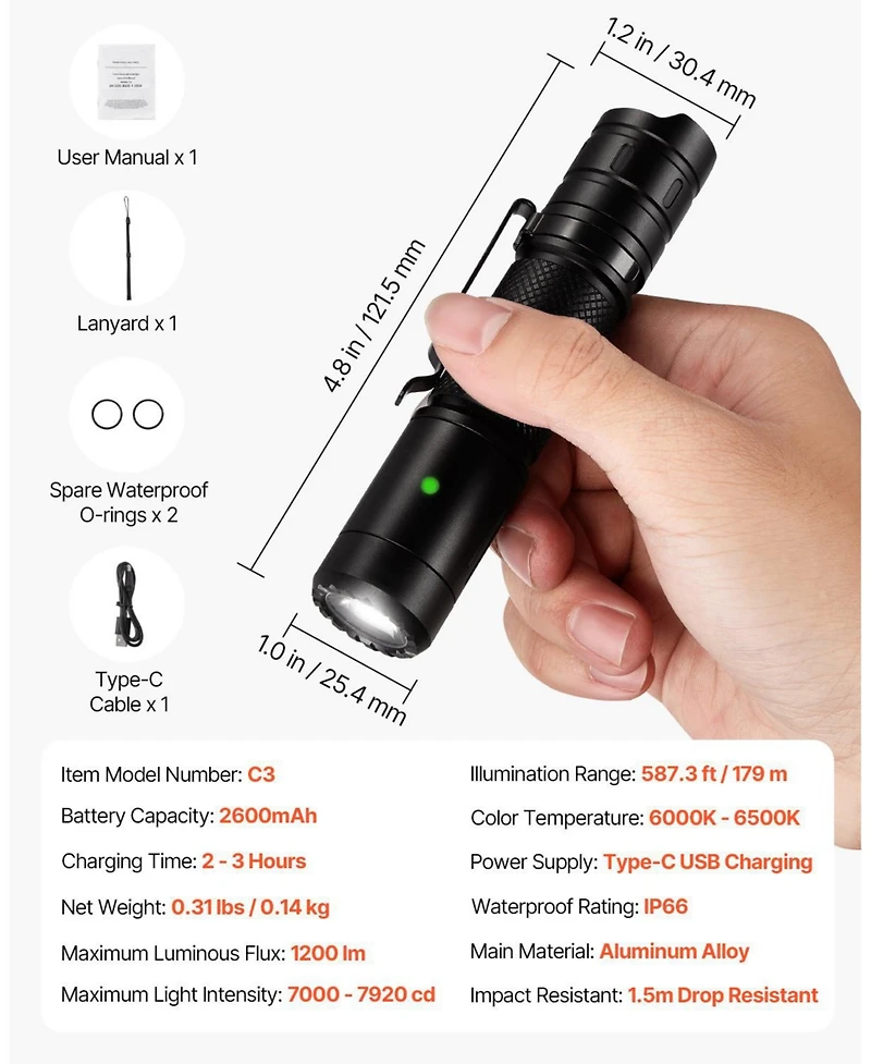 Mecale Rechargeable High Lumens Led Flashlight, 6 Lighting Modes, IP66 Waterproof, Handheld Portable Flash Light